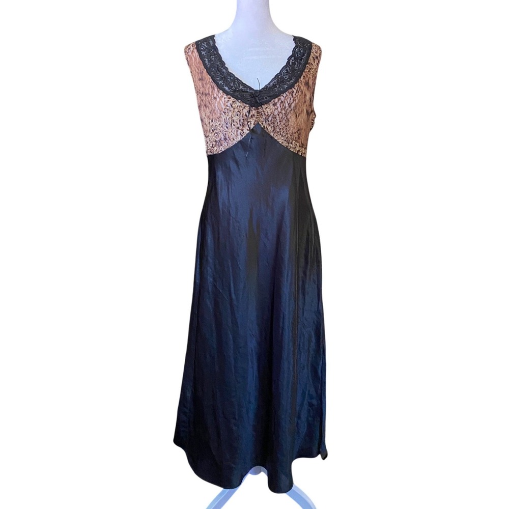 Vintage Y2K Satin Leopard Lace Maxi Slip Dress Bias Cut Nightgown Large Lingerie